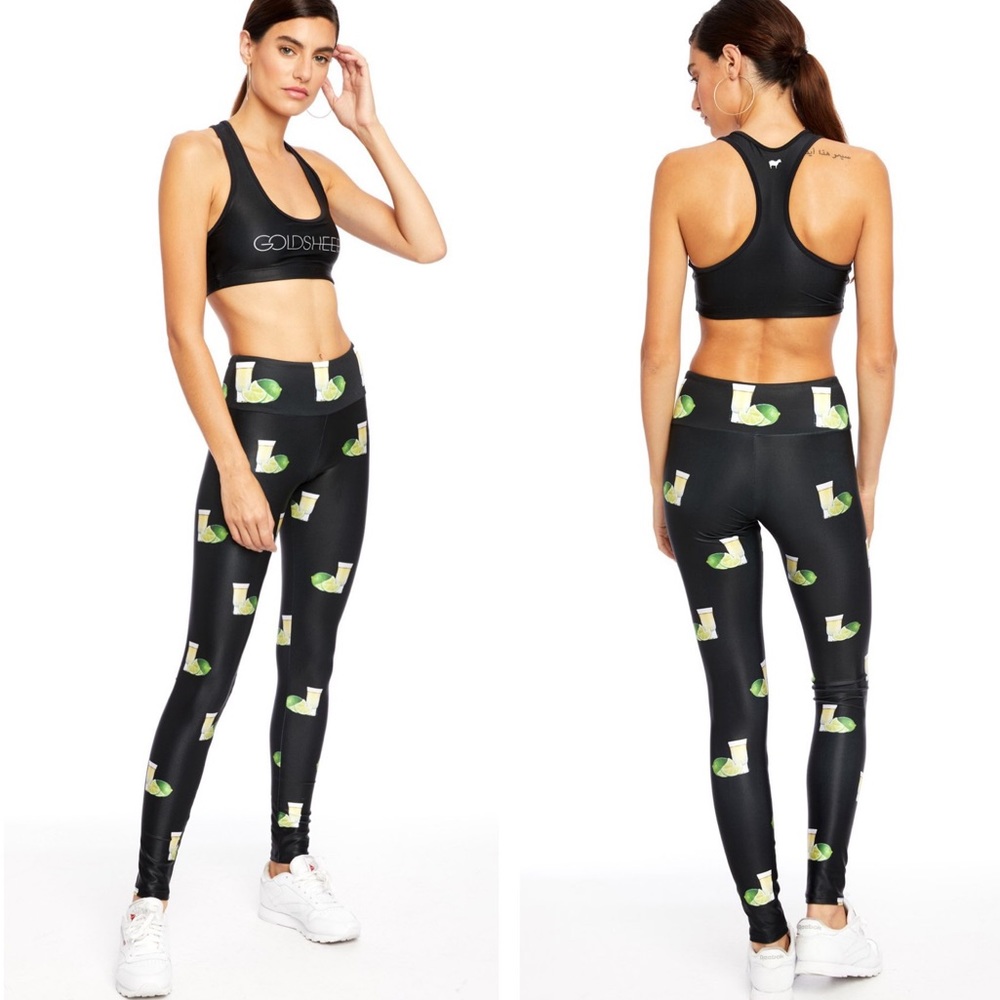Goldsheep Black and Green Patterned Leggings Cropped Length